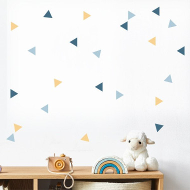 Vinilo decorativo de pared con triángulos en colores ocre y azul para habitación infantil