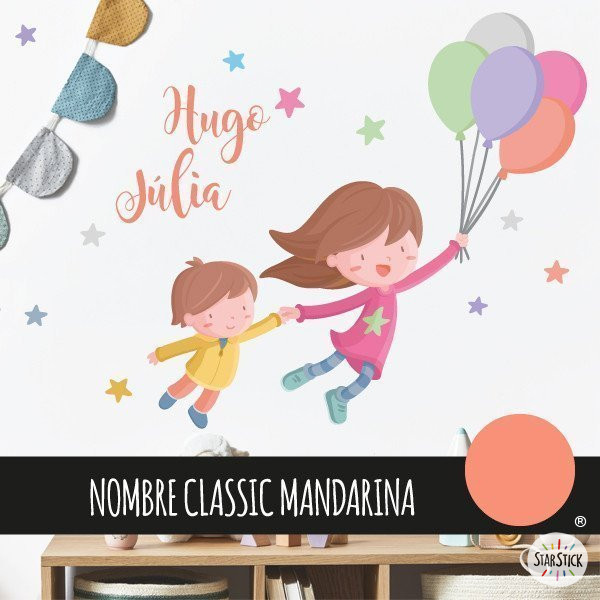 Children's decoration with wall stickers - Girl with 1 brother with balloons
