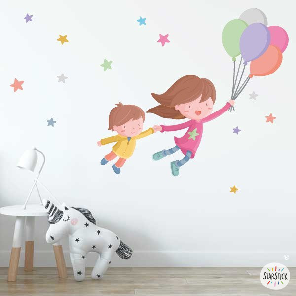 Children's decoration with wall stickers - Girl with 1 brother with balloons