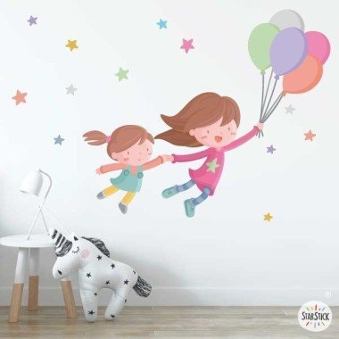 Kids wall sticker - Girl with 1 brother with balloons