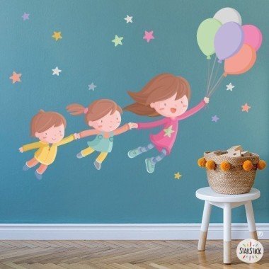 Vinilo infantil - Niña con 2 hermanos con globos