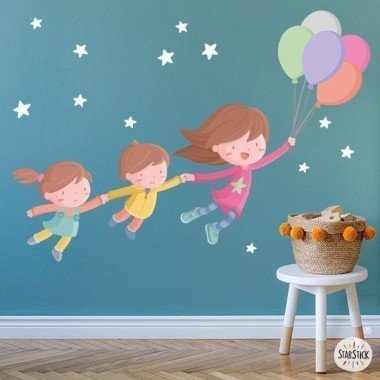 Vinils infantils - Nena amb 2 germans amb globus - Decoració infantil