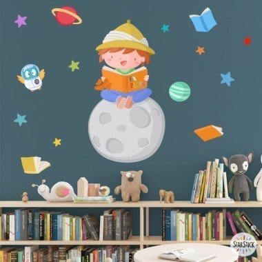 Vinilos para colegios y bibliotecas - Niño leyendo en la luna