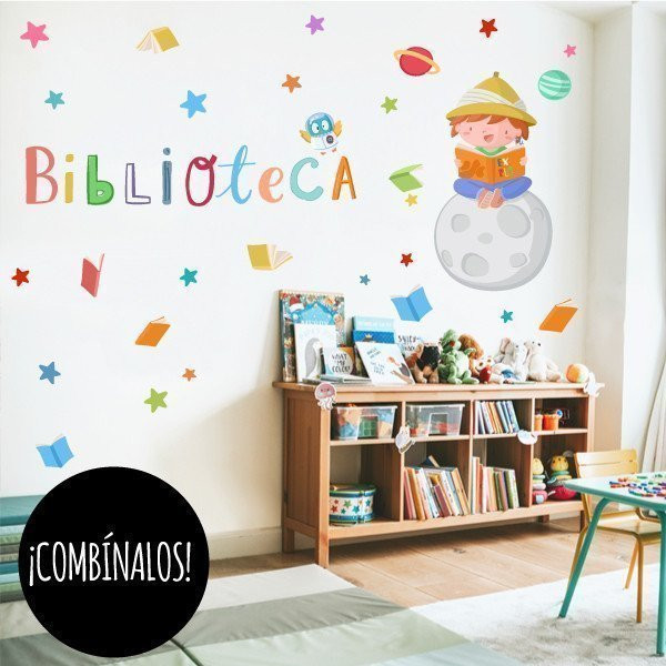 Decoración de bibliotecas escolares con vinilos – Niño leyendo en la luna