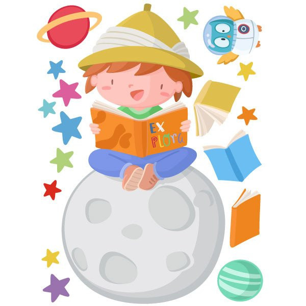 Decoración de bibliotecas escolares con vinilos – Niño leyendo en la luna