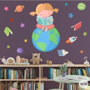 Decoración escuelas - Vinilos para colegios y bibliotecas - Niña leyendo sobre el planeta tierra