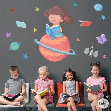 Stickers muraux pour écoles et bibliothèques - Fille lisant sur une planète