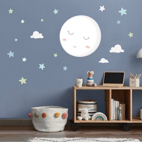 Lune pleine avec étoiles MINT ou ROSE - Stickers décoratifs pour bébé