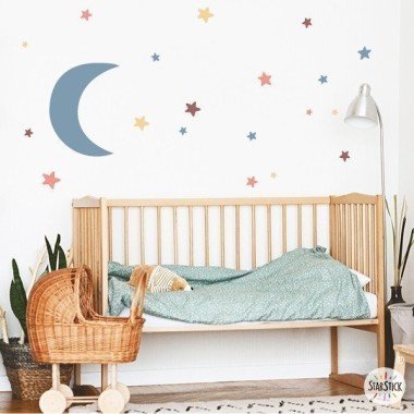 Décoration bébé - Sticker mural - Lune avec petites étoiles