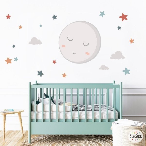 Baby Kids Wall Sticker Full Moon with Ocher Stars - Baby Wall Decoration