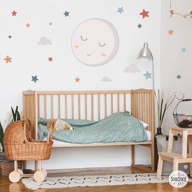 Baby Kids Wall Sticker Full Moon with Ocher Stars - Baby Wall Decoration