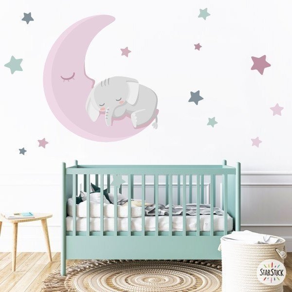 Sticker enfant pour bébé - Éléphant sur la lune - Décoration bébé