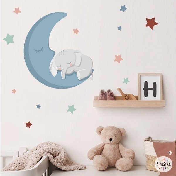 Sticker enfant pour bébé - Éléphant sur la lune - Décoration bébé