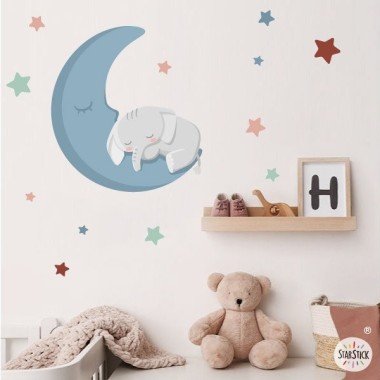 Vinilos infantiles bebé - Elefante en la luna - decoración infantil para bebés de colores