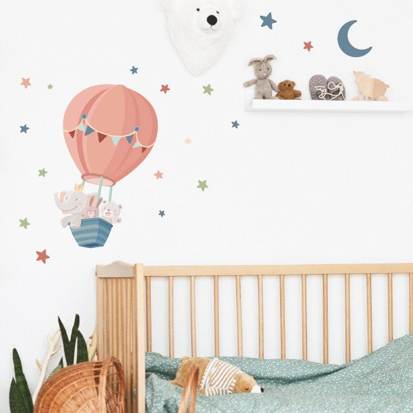 Vinils decoració infantil - Animals volant amb globus tons teula