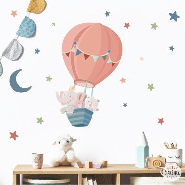 Sticker décoration enfant - Animaux volant en ballon dans les tons pêche