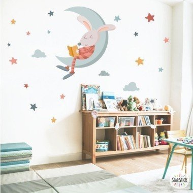 Decoration for babies - Children's sticker Bunny reading on the moon Tile