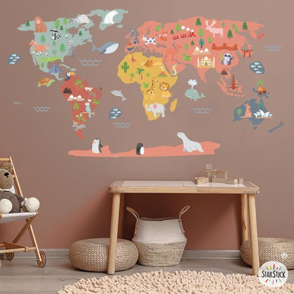 Carte du monde Happy World - Ocre - Stickers muraux décoratifs