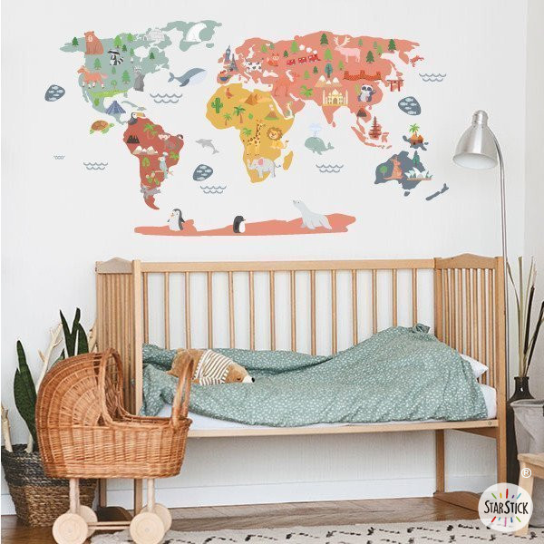 Carte du monde Happy World - Ocre - Stickers muraux décoratifs