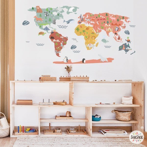 Carte du monde Happy World - Ocre - Stickers muraux décoratifs