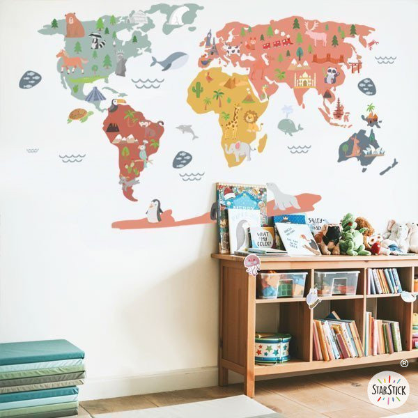sticker mural enfant carte du monde educative couleur ocre decoration chambre enfant mappe monde starstick