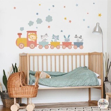 Baby kids wall stickers - Train with animals and blue confetti