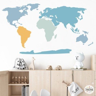 Carte du monde combinaison bleu et orange - Stickers muraux