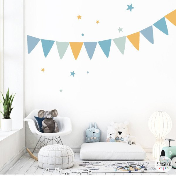 Banderins personalitzables amb nom - Combinació de blaus i taranja - Vinils decoratius infantil