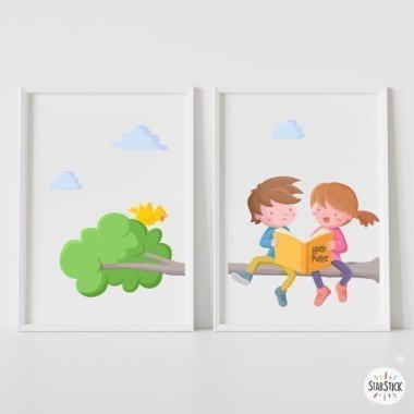 2 customizable children's paintings - Boys or girls reading