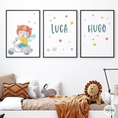 3 personalized children's paintings - Vespa with bear