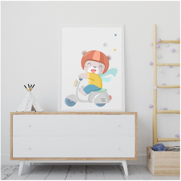 Children's decorative print. Vespa with teddy bear. Ideas for decorating kids' rooms