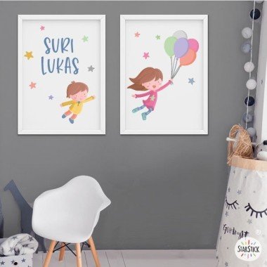 2 customizable children's paintings - Sisters with balloons
