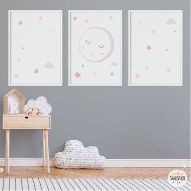 3 peintures pour enfants - Pleine lune avec des étoiles roses