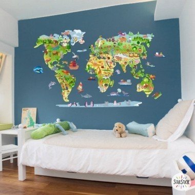 Mapa mundi infantil con dibujos - Vinilos decorativos de pared
