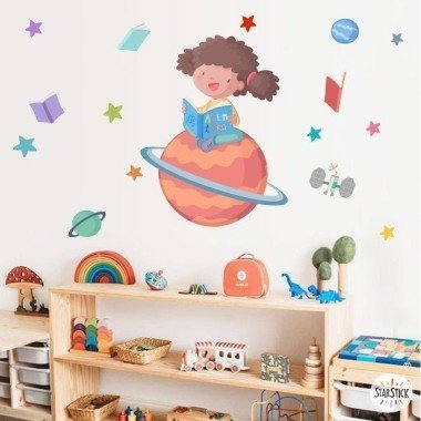 Stickers muraux pour écoles et bibliothèques - Fille lisant sur une planète