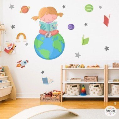 Wall decals for schools and libraries - Girl reading about the planet earth