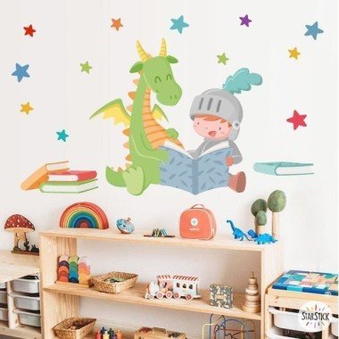 Dragón y caballero leyendo - Vinilos infantiles decorativos para colegios y bibliotecas