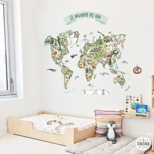 Carte du monde réaliste Montessori - Sticker décoratif cartes du monde
