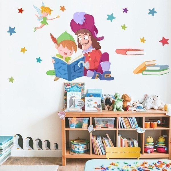 Vinil decoratiu - Peter Pan i Garfio llegint - Idees per decorar col·legis i biblioteques