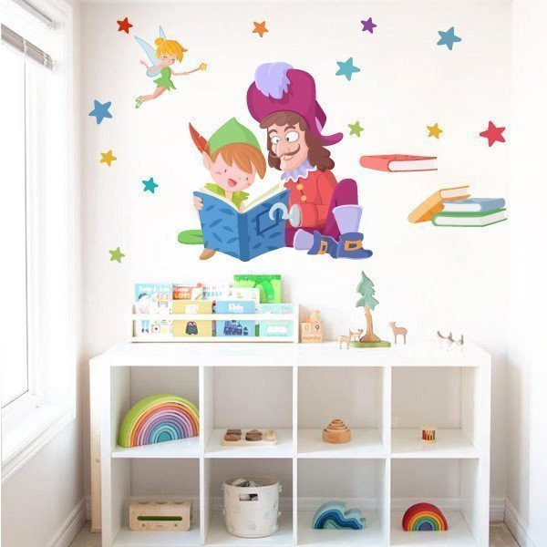 Vinil decoratiu - Peter Pan i Garfio llegint - Idees per decorar biblioteques