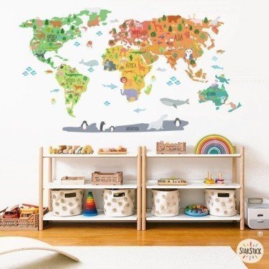 Mapa mundi amb dibuixos d'animals - Vinil decoratiu de paret