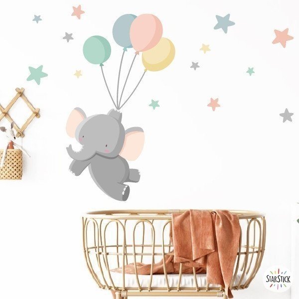 Vinilo decorativo bebé Elefante con globos. Vinilos infantiles  y bebé