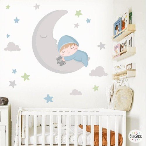 Vinilo Bebé en la luna. Azul - Productos decoración infantil