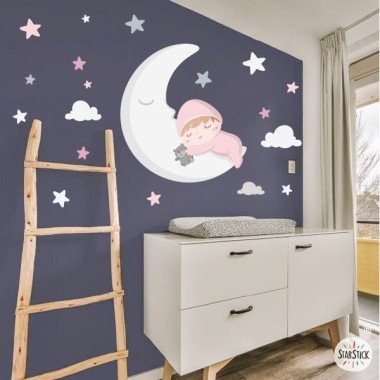 Sticker Bébé sur la lune. Rose - Produits de décoration pour enfants