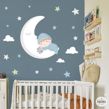 Sticker Bébé sur la lune. Bleu - Produits de décoration pour enfants