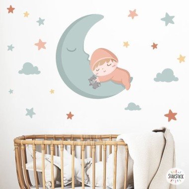 Sticker Bébé sur la lune. Couleur pêche - Produits de décoration pour enfants