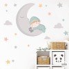 Vinilo decorativo infantil bebé durmiendo en la luna color aquamarina con estrellas y nubes para habitación de bebé
