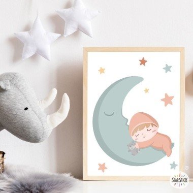 Children's wall art print - Baby on the moon