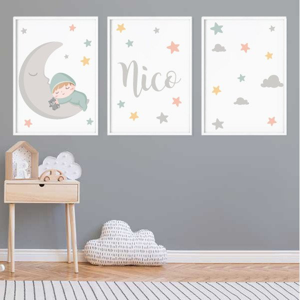 3 affiches pour enfants - Bébé sur la lune