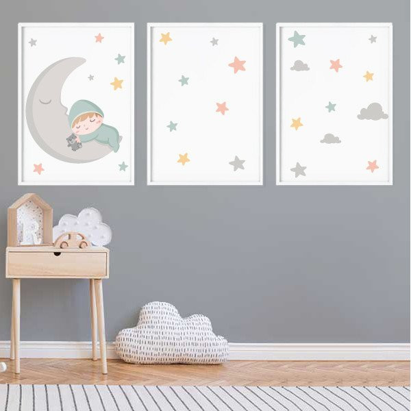3 affiches pour enfants - Bébé sur la lune